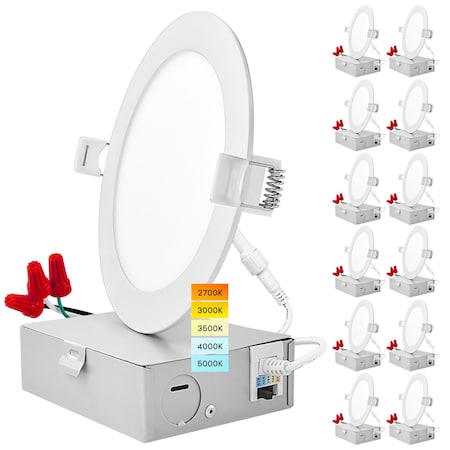 Luxrite 5 Inch Ultra Thin LED Recessed Downlights 5CCT 2700K-5000K 12W 1000LM Dimmable IC Rated, 12PK LR23749-12PK